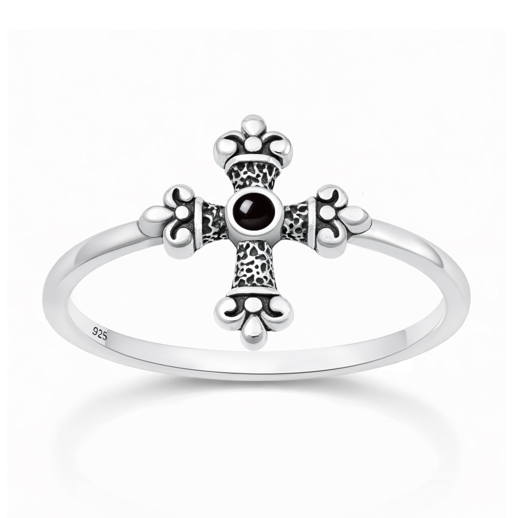 Sterling Silver Black Agate Medieval Cross Ring