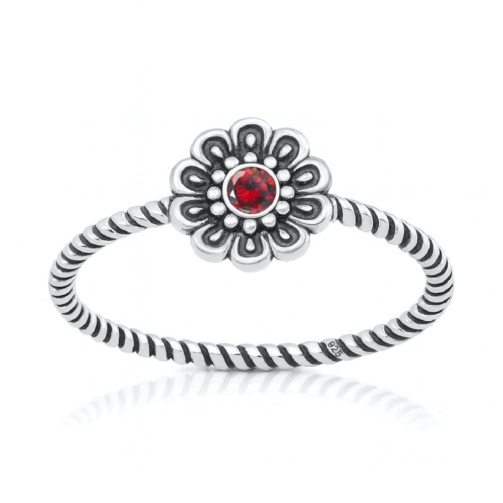 Sterling Silver Red CZ Flower Ring