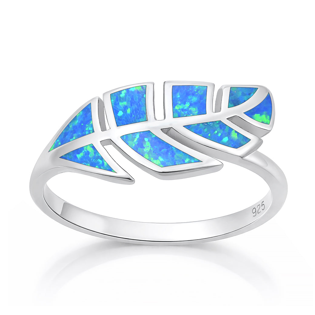 Sterling Silver Blue Synthetic Opal Feather Ring