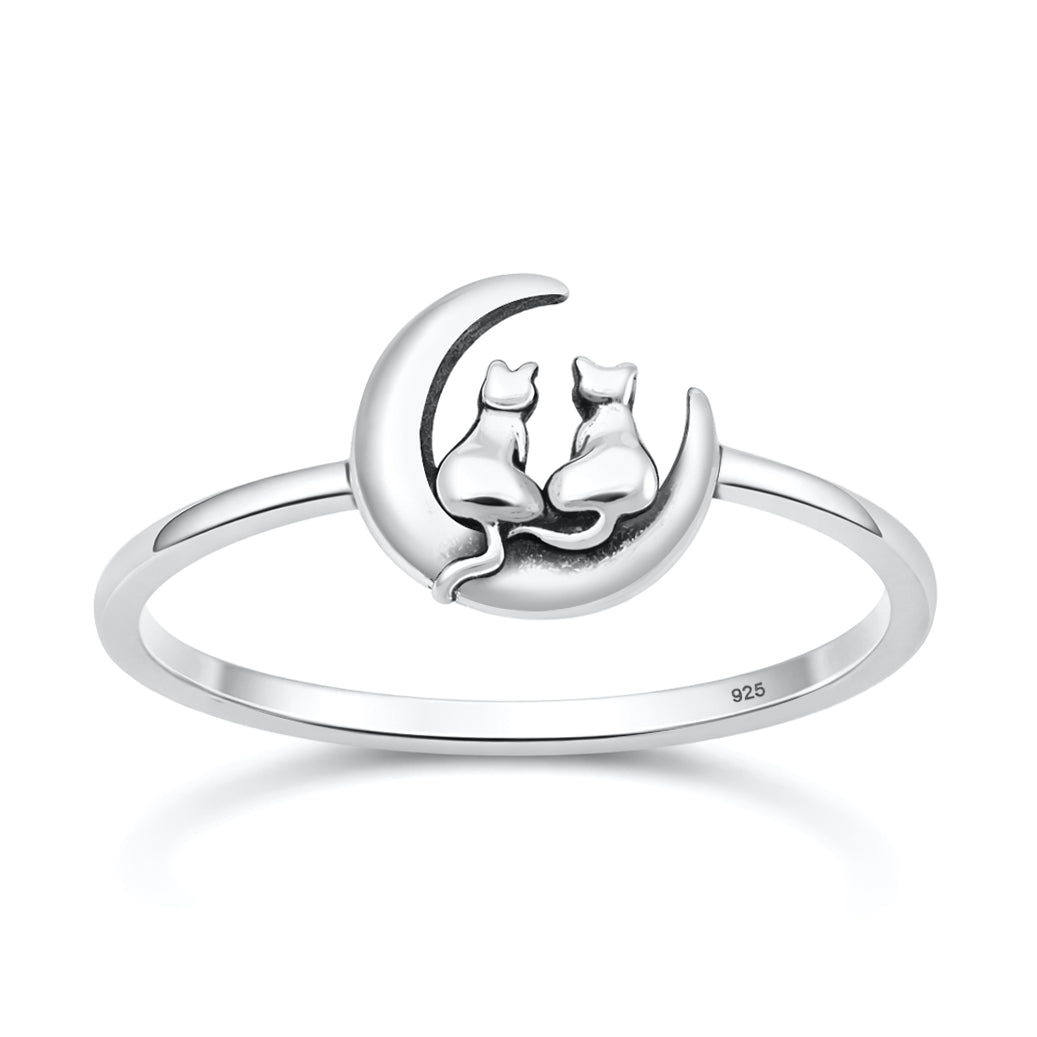 Sterling Silver Cat Sitting Crescent Moon Ring