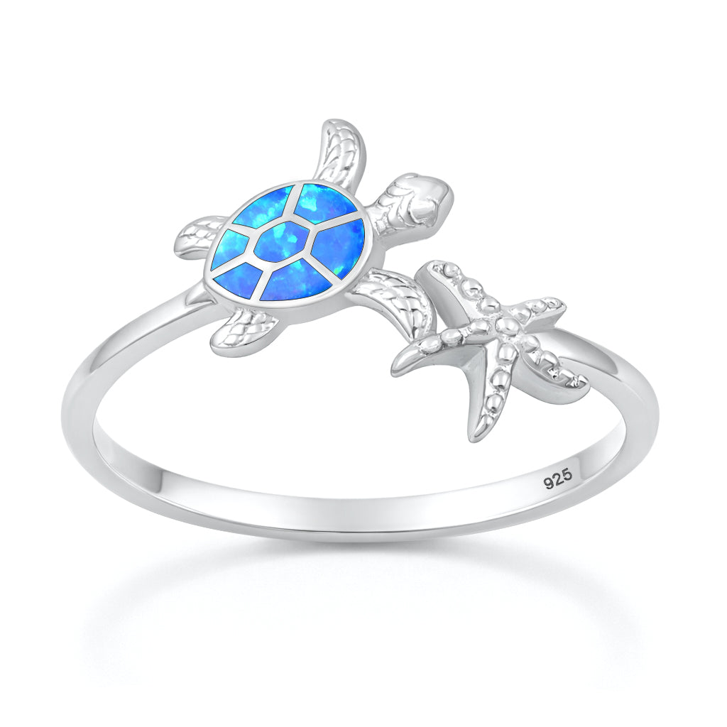 Sterling Silver Synthetic Opal Turtle Ring