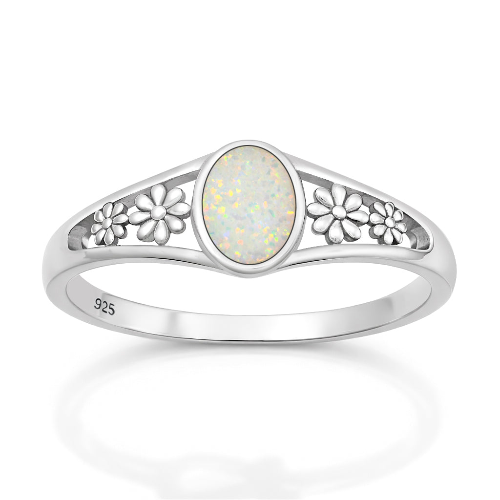 Sterling Silver Synthetic Opal Flower Ring