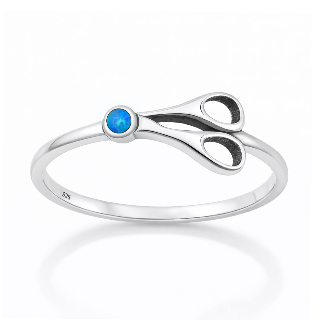 Sterling Silver Synthetic Opal Scissors Hair Stylist Barber Ring