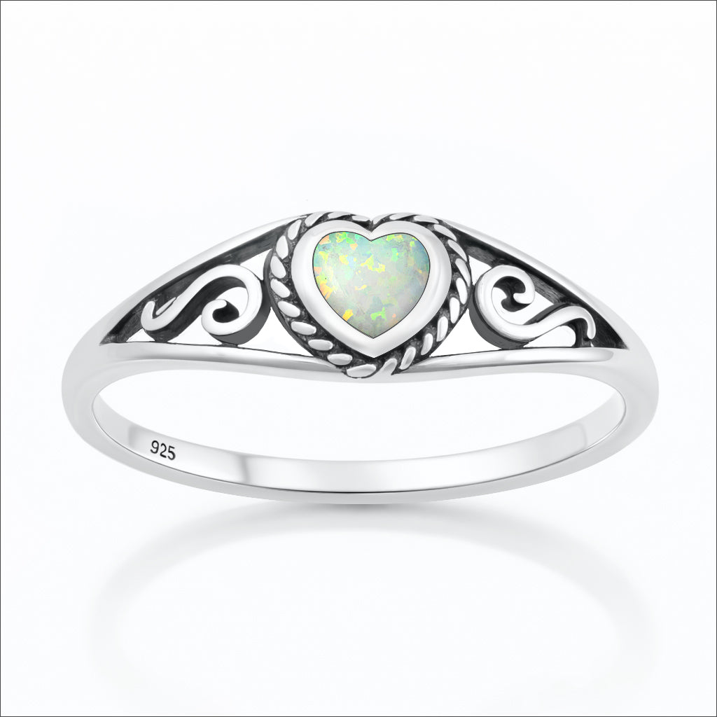 Sterling Silver Synthetic Opal Heart Promise Ring