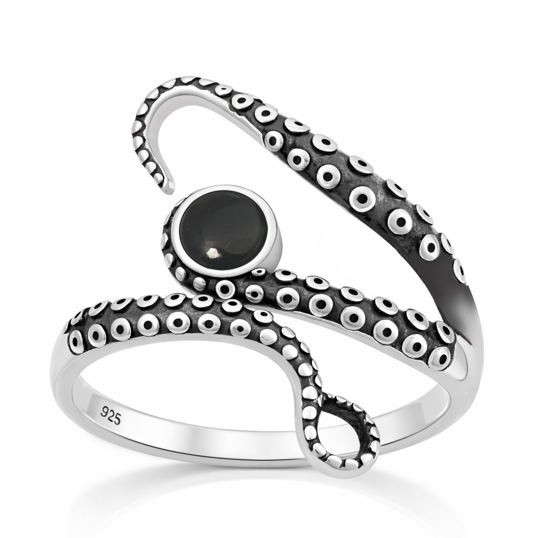 Sterling Silver Black Agate Octopus Ring