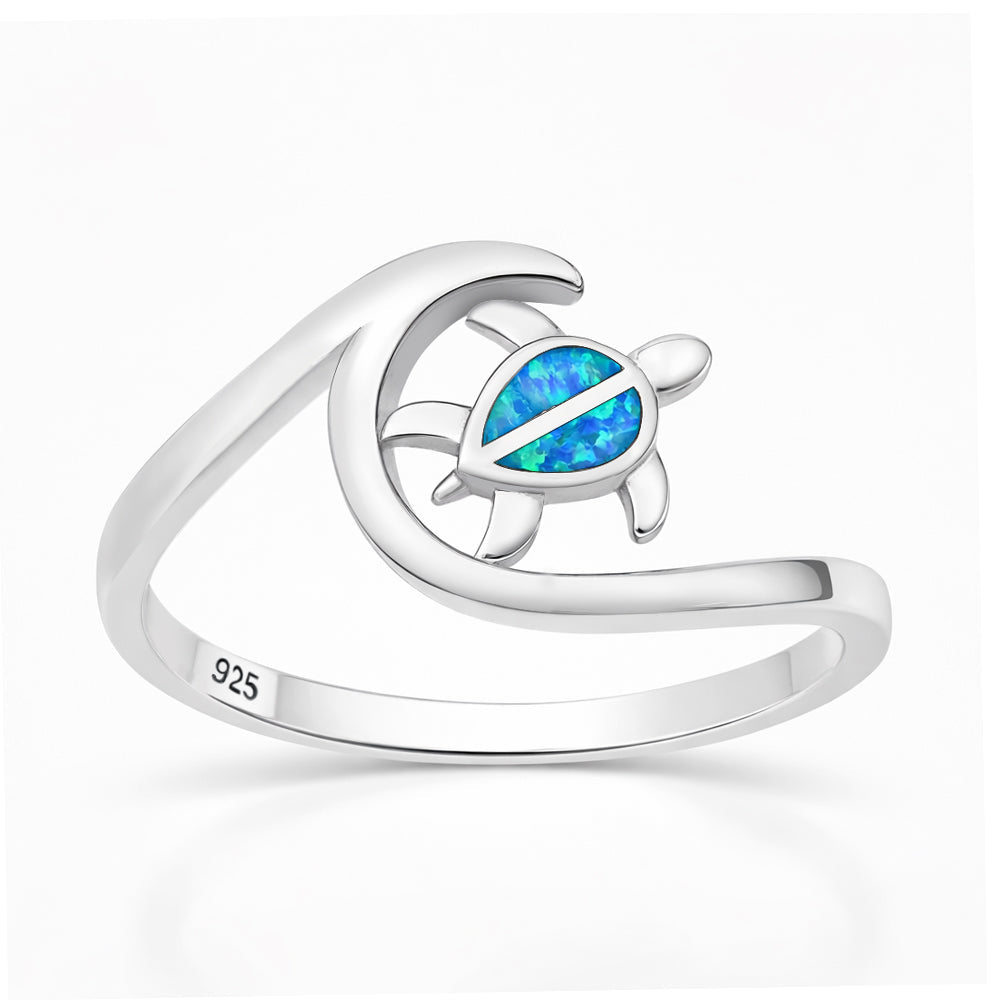 Sterling Silver Blue Synthetic Opal Sea Turtle Ring