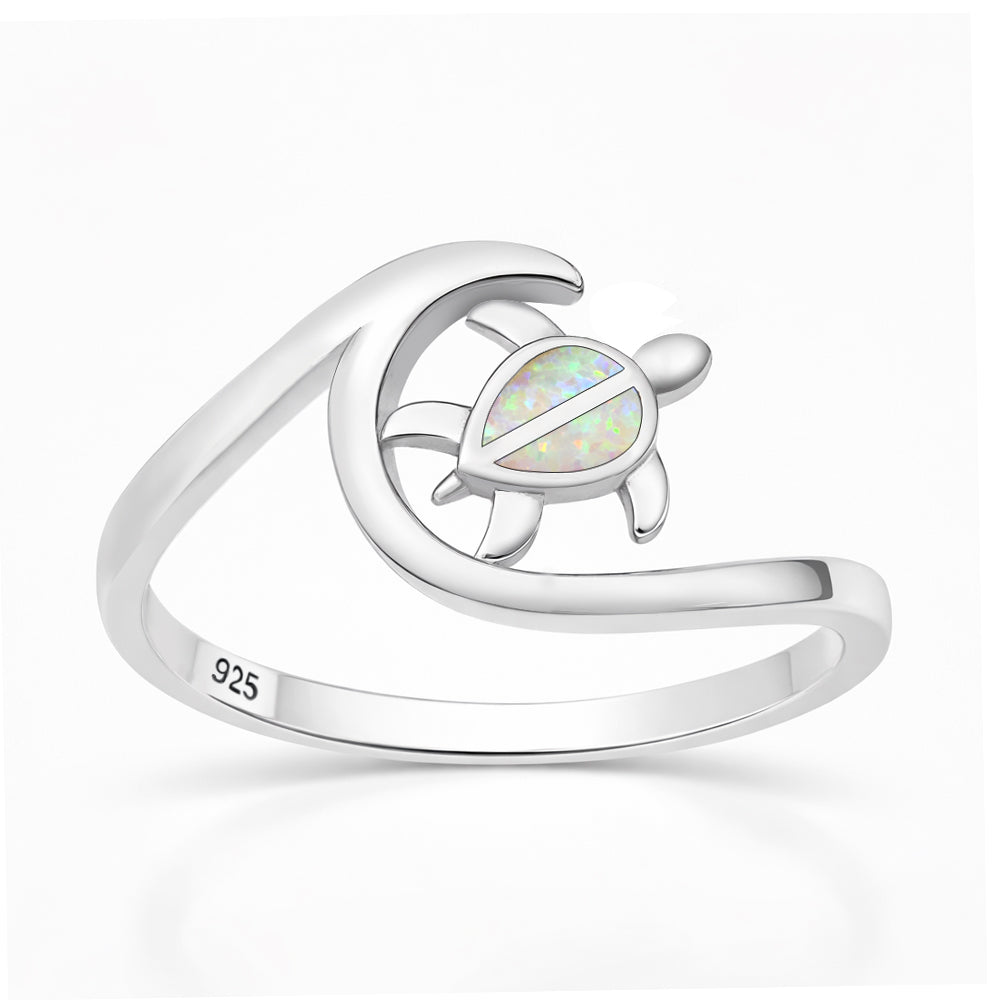 Sterling Silver White Synthetic Opal Sea Turtle Ring