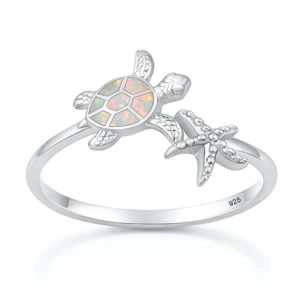 Sterling Silver Synthetic Opal Turtle Starfish Ring