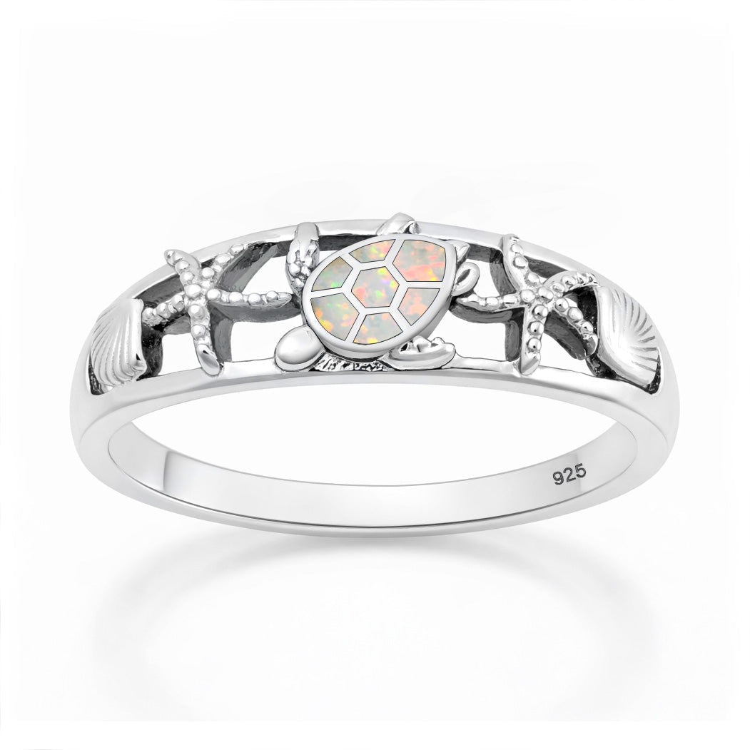 Sterling Silver White Synthetic Opal Turtle Starfish Seashell Ring