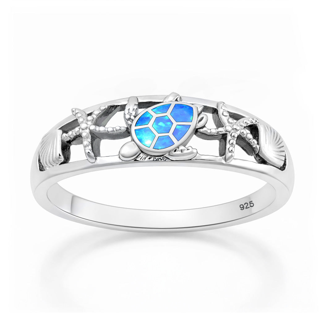Sterling Silver Synthetic Opal Turtle Seashell Starfish Beach Ring