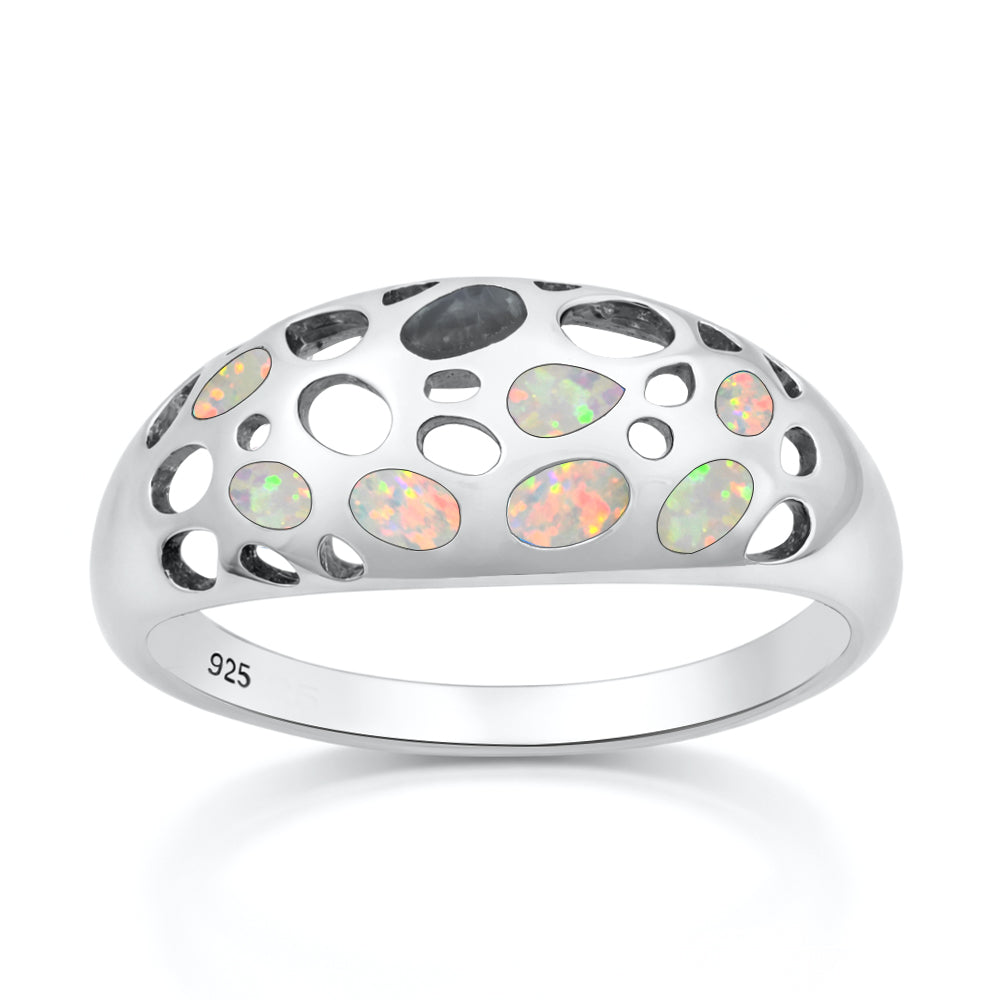 Sterling Silver Synthetic Opal Dome Cutout Ring