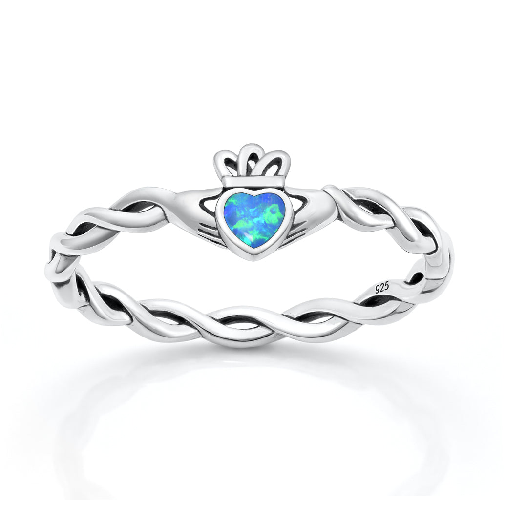 Sterling Silver Synthetic Opal Celtic Claddagh Ring