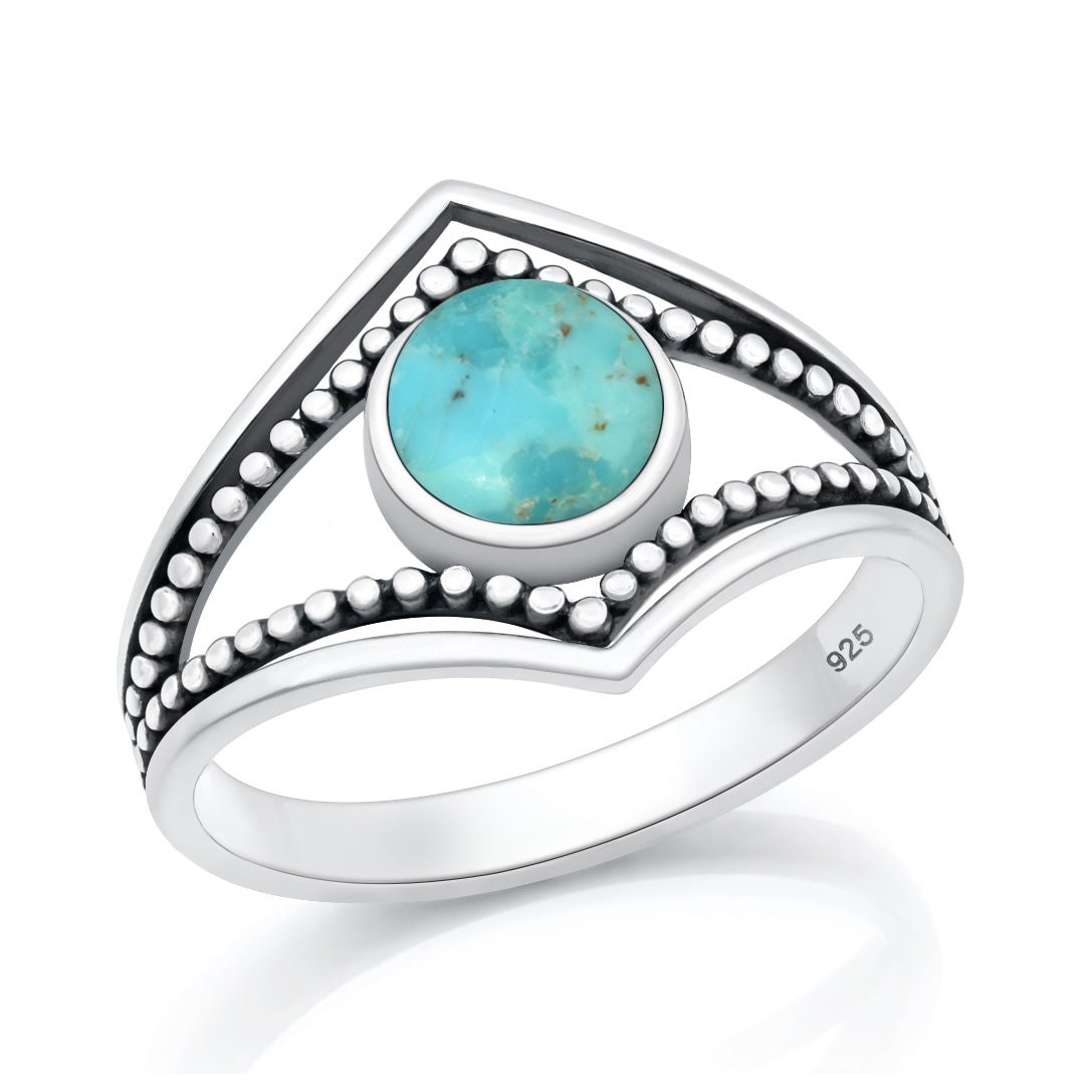 Sterling Silver Turquoise Double Chevron Solitaire Beaded Ring