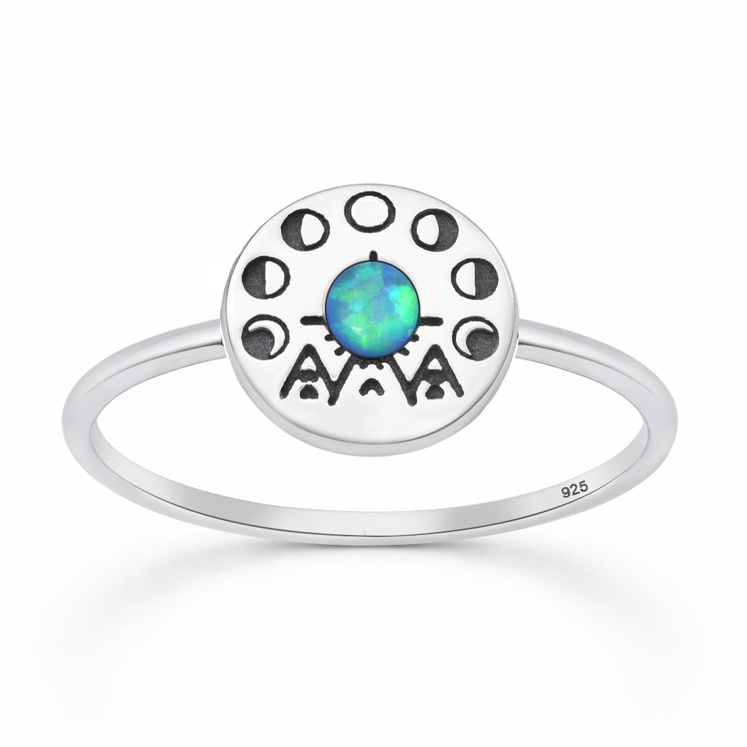 Sterling Silver Synthetic Opal Tribal Moon Phase Celestial Ring