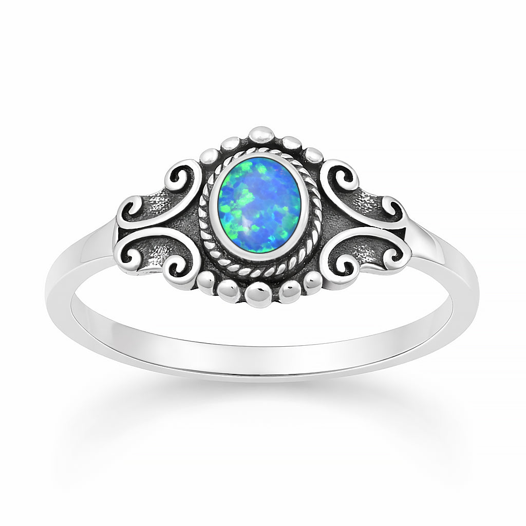 Sterling Silver Synthetic Opal Filigree Bali Style Ring