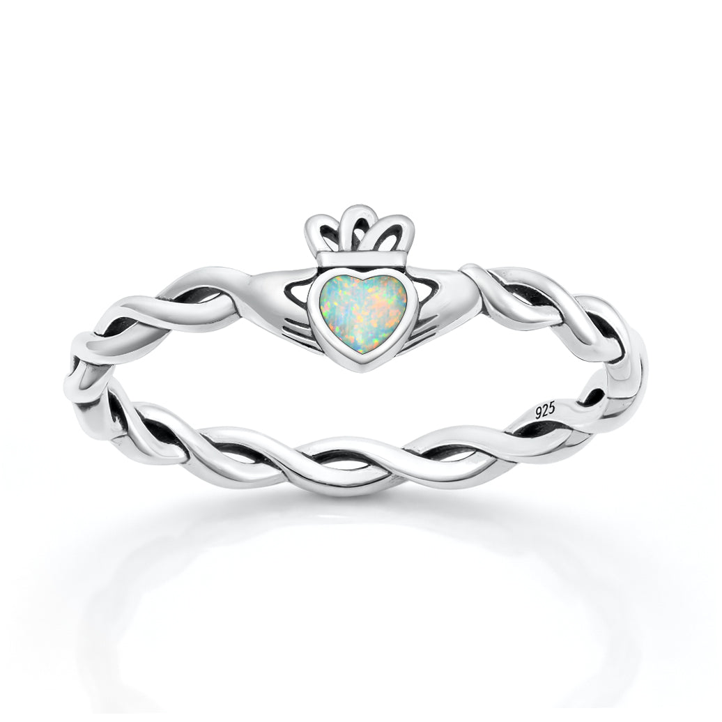 Sterling Silver Synthetic Opal Claddagh Heart Ring