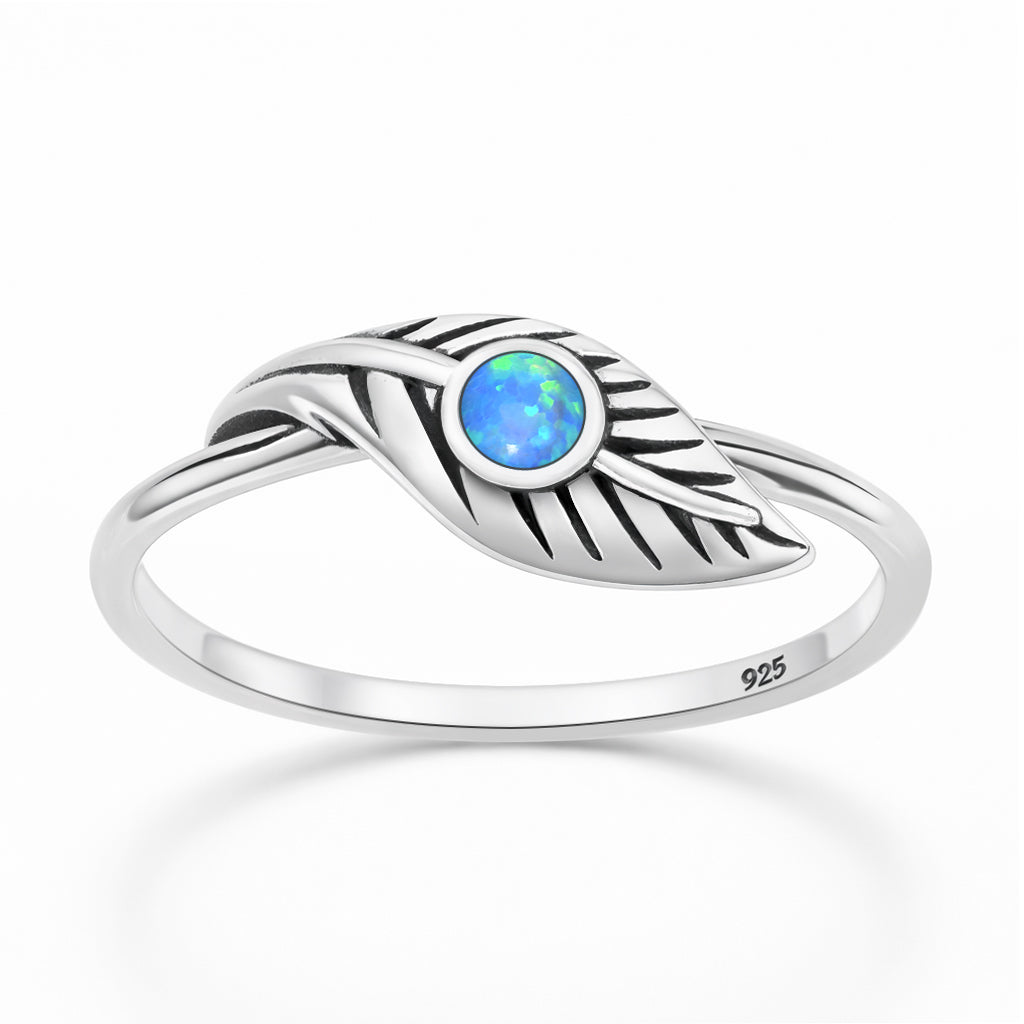Sterling Silver Synthetic Opal Feather Leaf Plant Ring