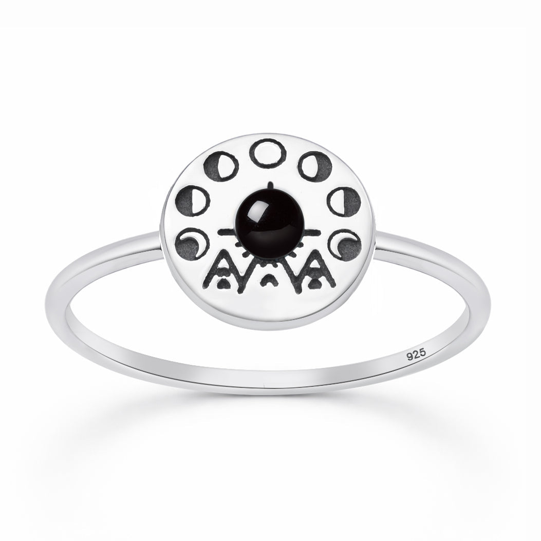 Sterling Silver Black Agate Moon Phase Ring