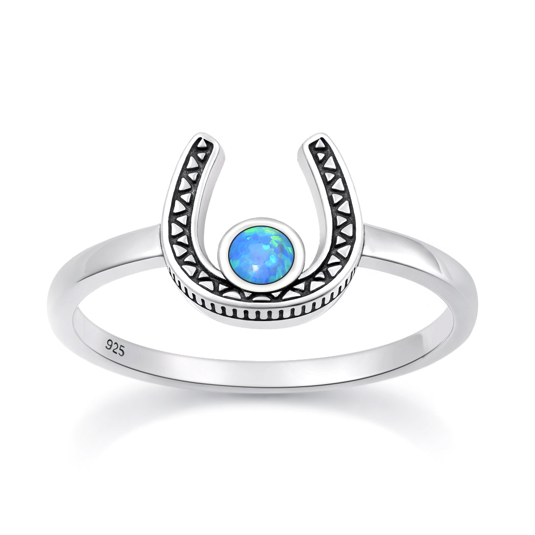 Sterling Silver Synthetic Opal Horseshoe Ring