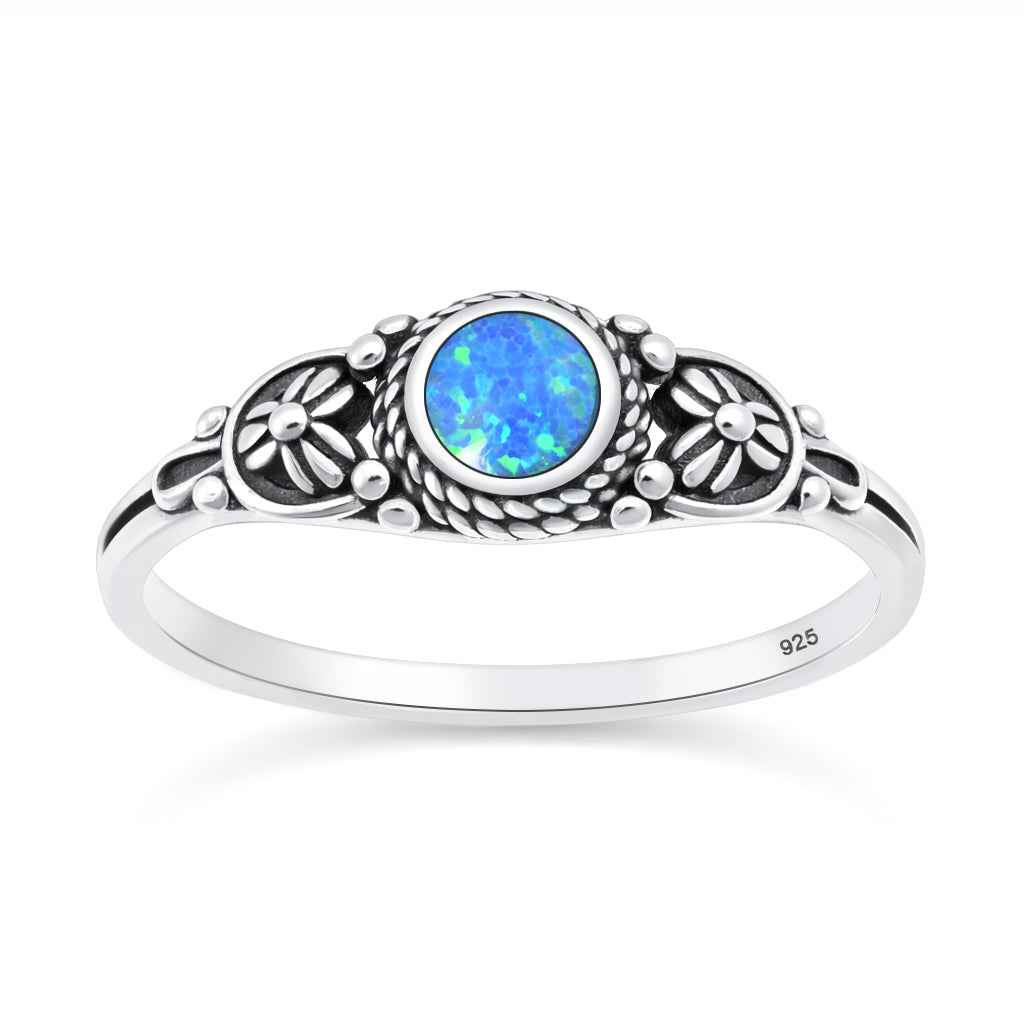 Sterling Silver Synthetic Opal Oxidized Flower Ring