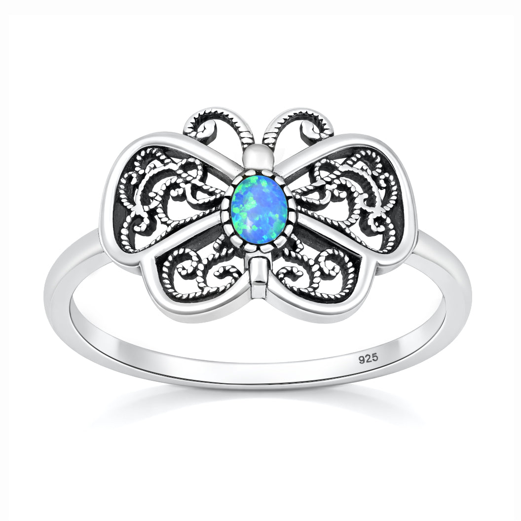 Sterling Silver Synthetic Opal Butterfly Ring