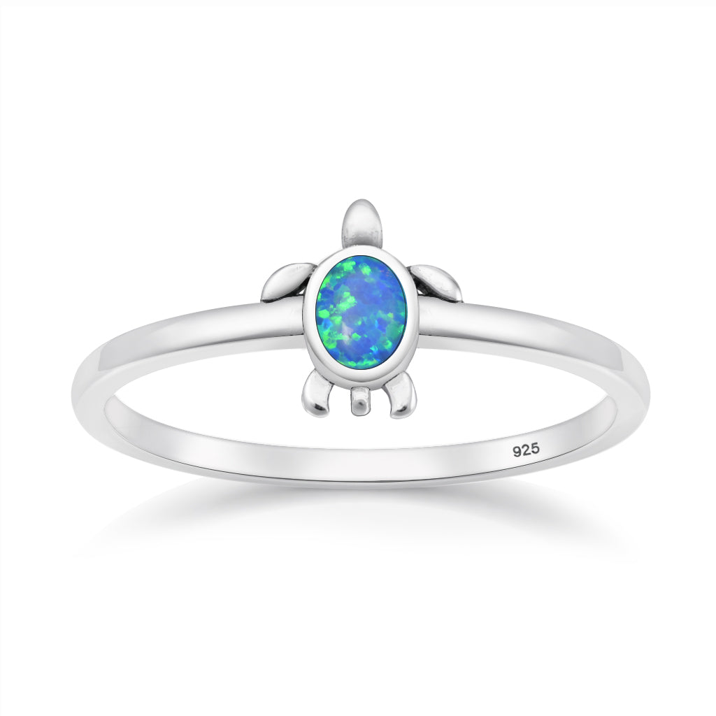 Sterling Silver Sea Turtle Blue Synthetic Opal Ring
