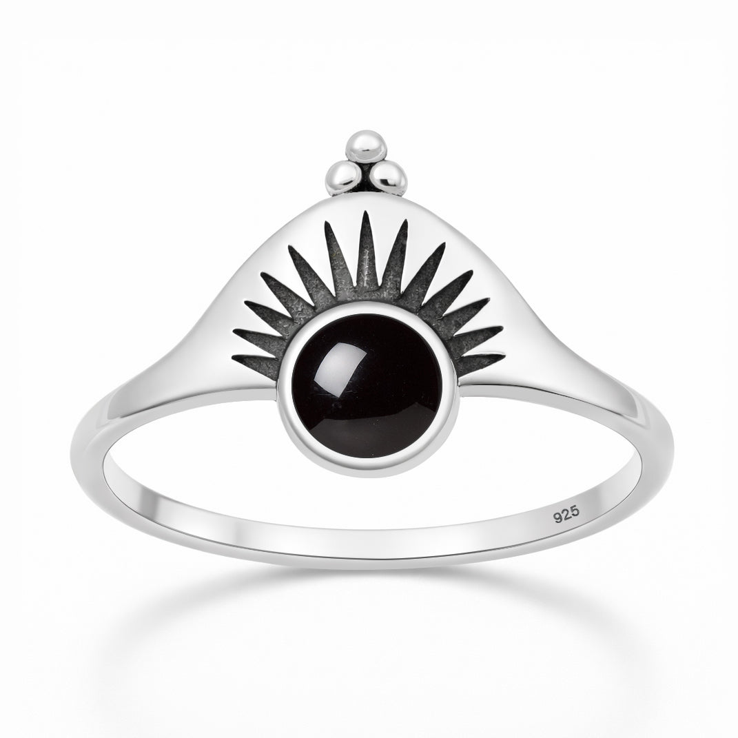Sterling Silver Black Agate Sunburst Ring