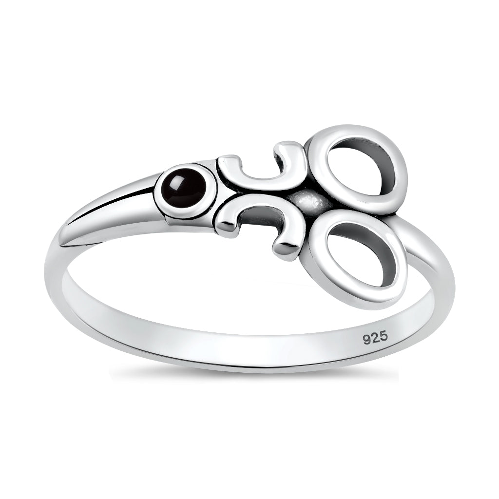 Sterling Silver Black Agate Scissors Barber Ring
