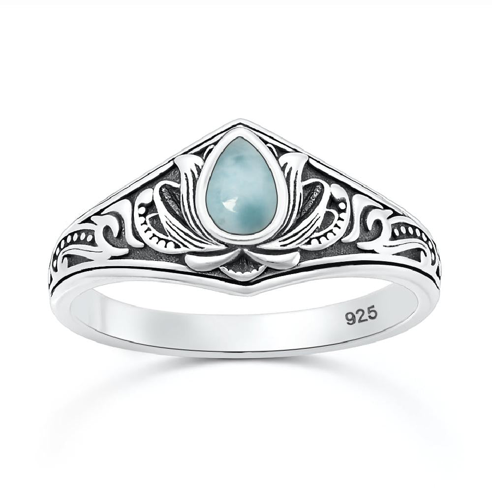 Sterling Silver Larimar Lotus Oxidized Ring