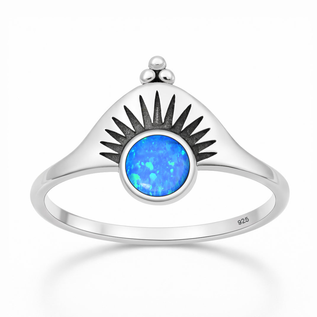 Sterling Silver Blue Synthetic Opal Sunburst Ring