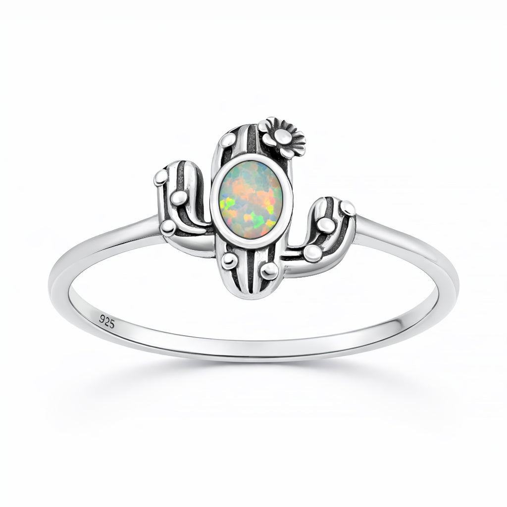 Sterling Silver Synthetic Opal Cactus Ring