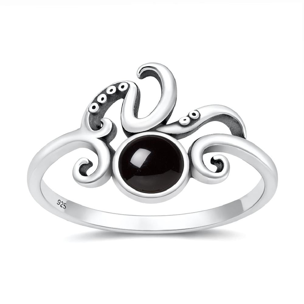 Sterling Silver Black Agate Octopus Tentacles Ring