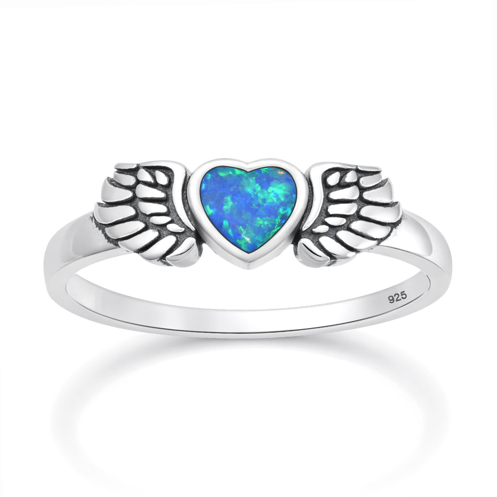 Sterling Silver Blue Synthetic Opal Heart Angel Wings Ring