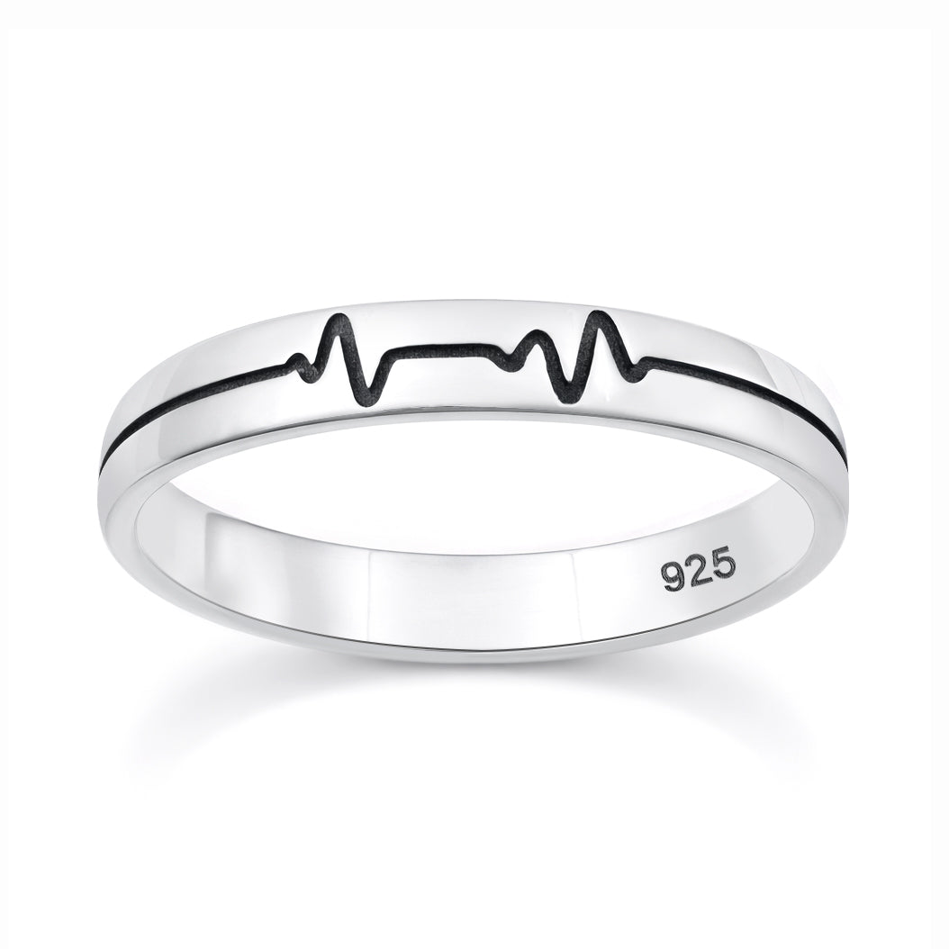 Sterling Silver Heartbeat EKG Pulse Line Ring