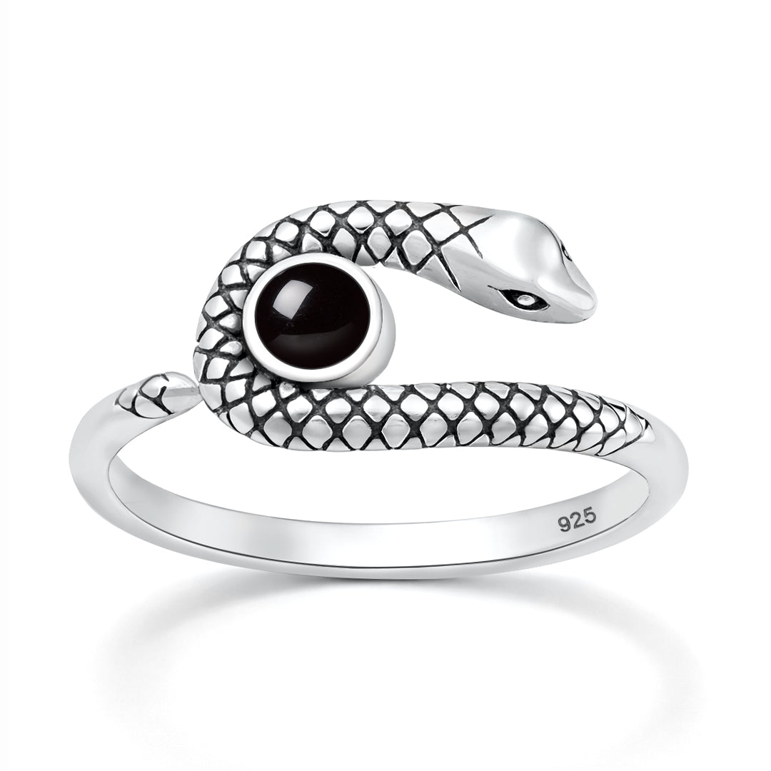 Sterling Silver Black Agate Snake Ring