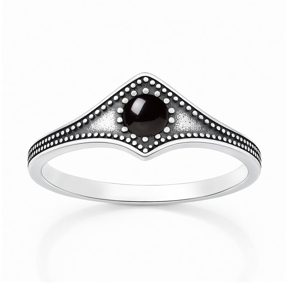 Sterling Silver Black Agate Bali Style Beaded Chevron Ring