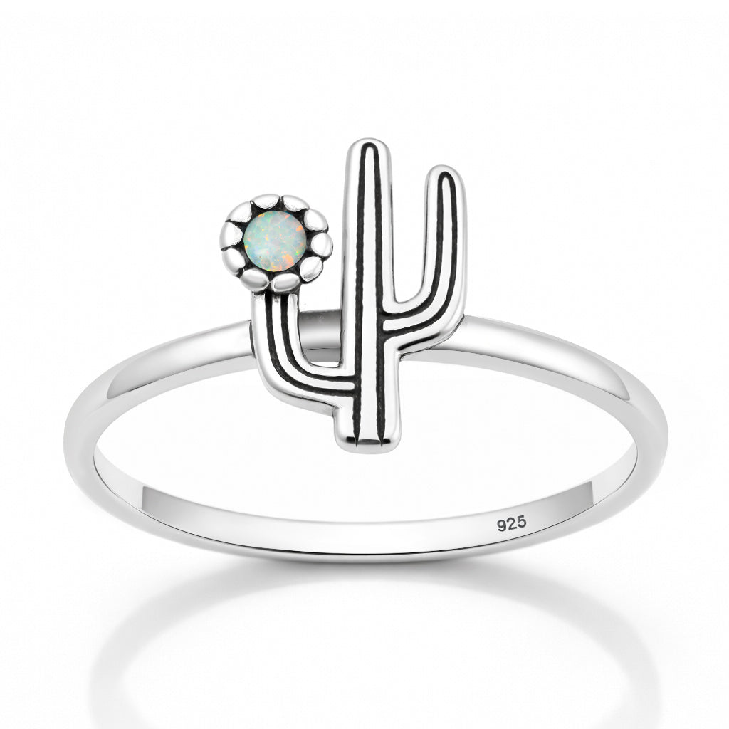 Sterling Silver White Synthetic Opal Cactus Ring