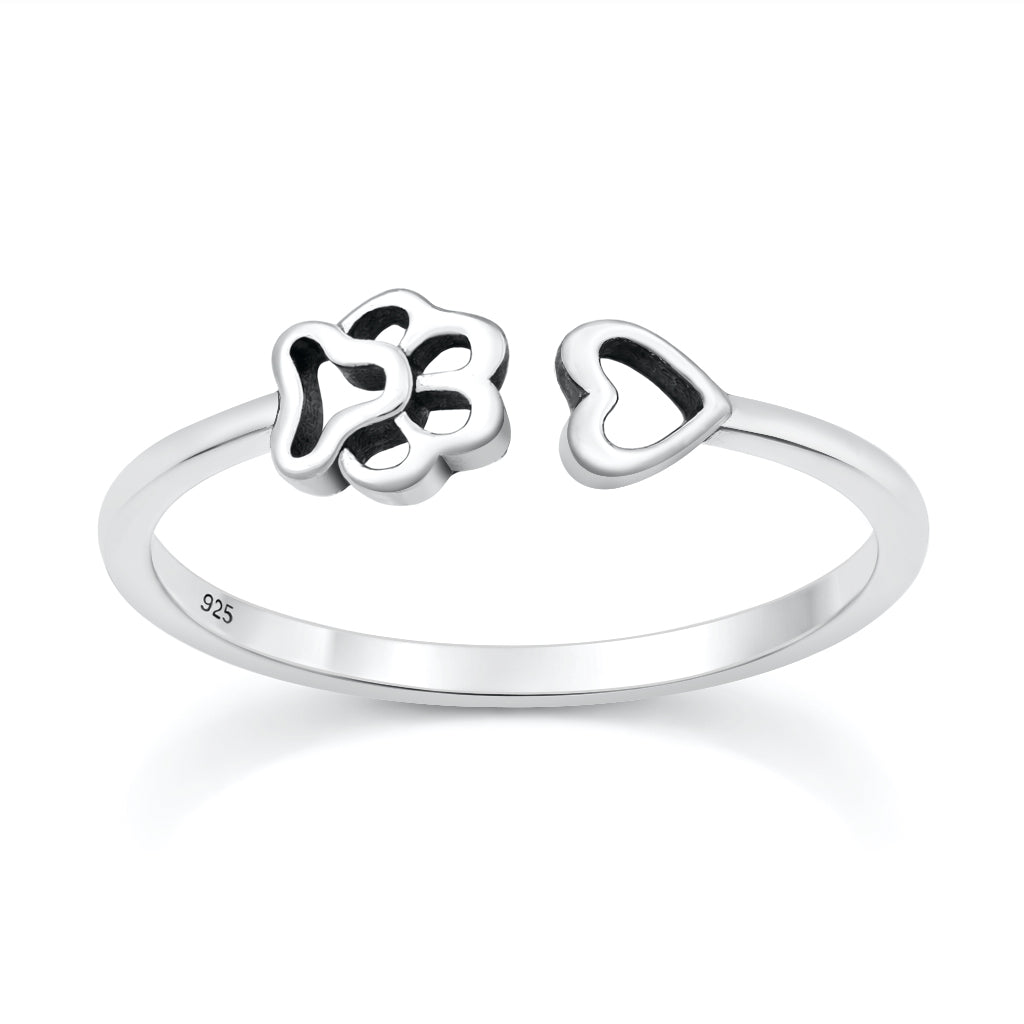 Sterling Silver Adjustable Paw Print Heart Ring