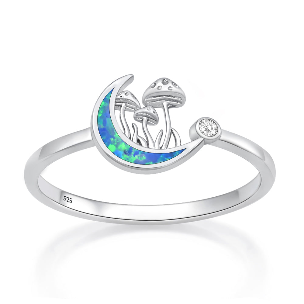 Sterling Silver Blue Synthetic Opal Moon Mushroom Ring