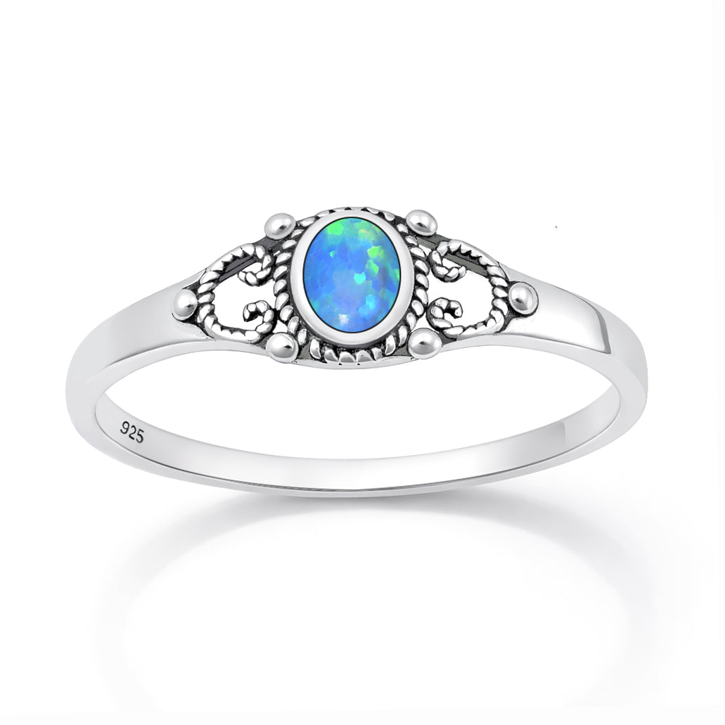 Sterling Silver Blue Synthetic Opal Filigree Ring
