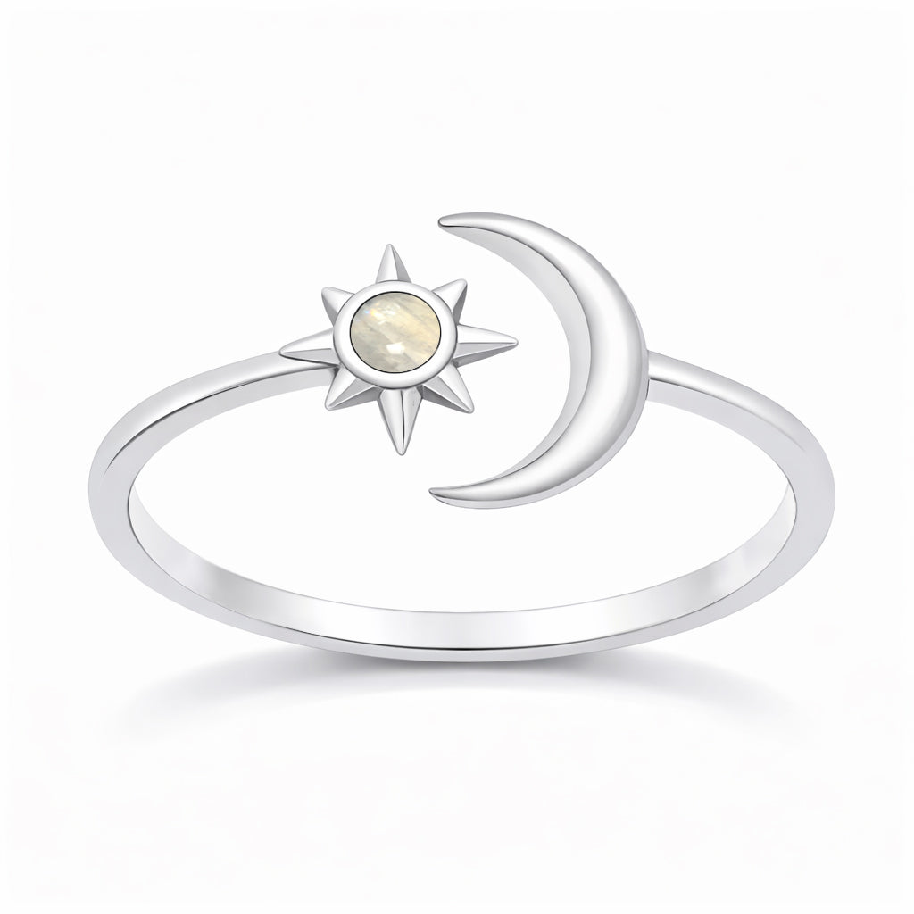 Sterling Silver Moonstone Crescent Moon Star Ring