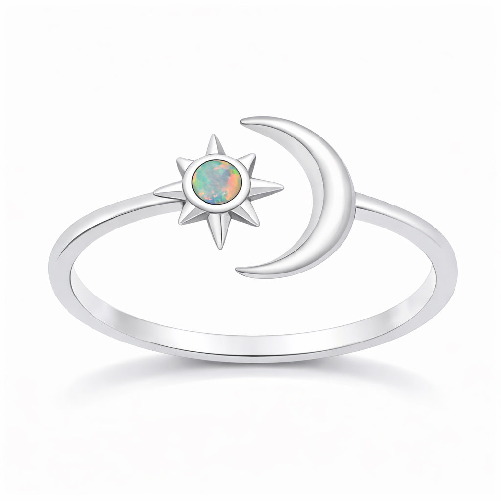 Sterling Silver White Synthetic Opal Moon Ring