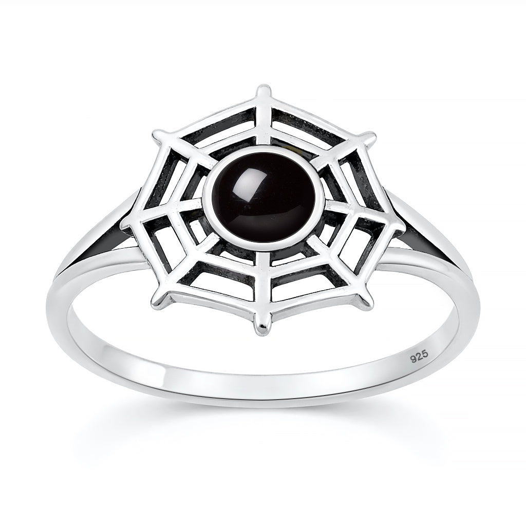 Sterling Silver Black Agate Spiderweb Ring