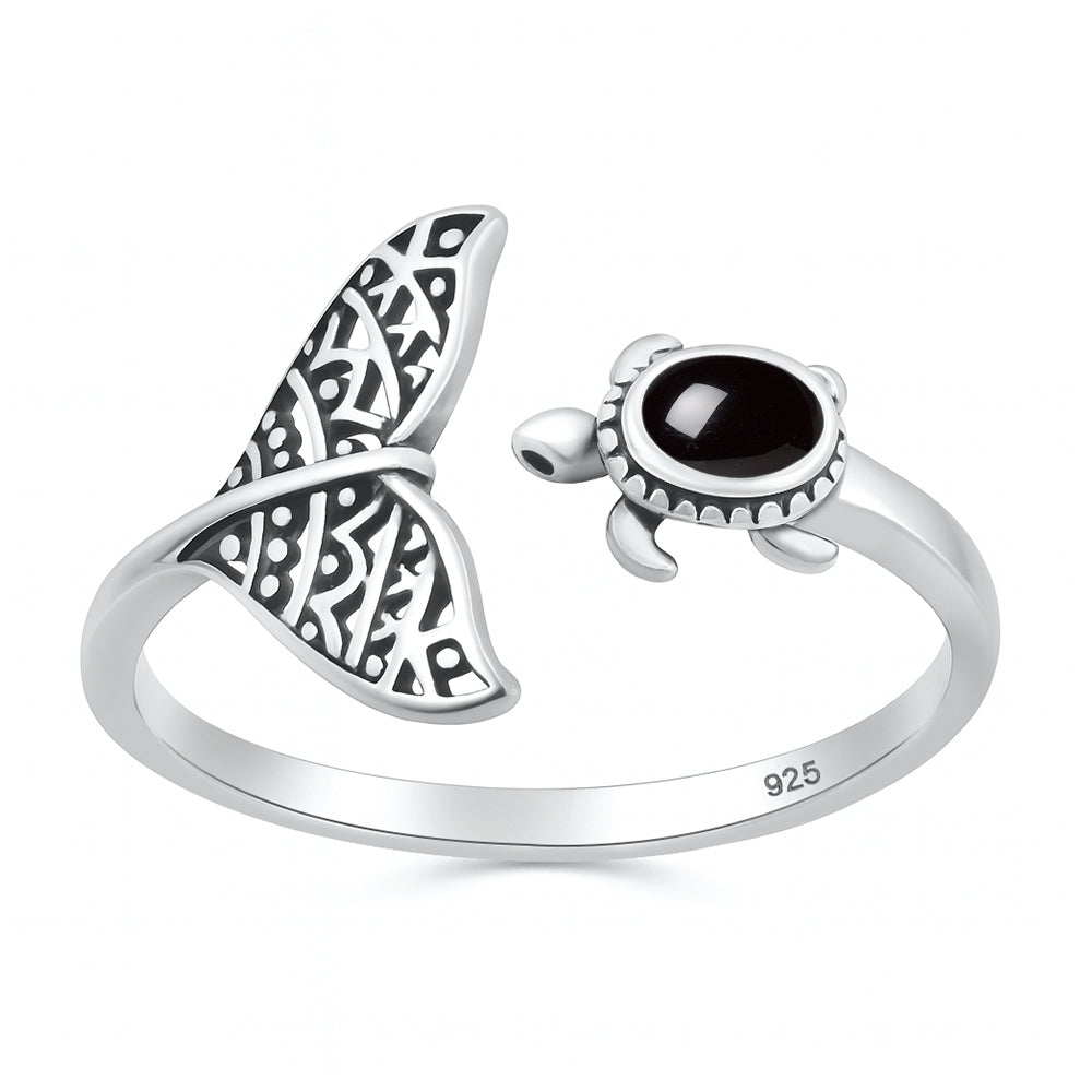 Sterling Silver Black Agate Sea Turtle Whale Tail Ring