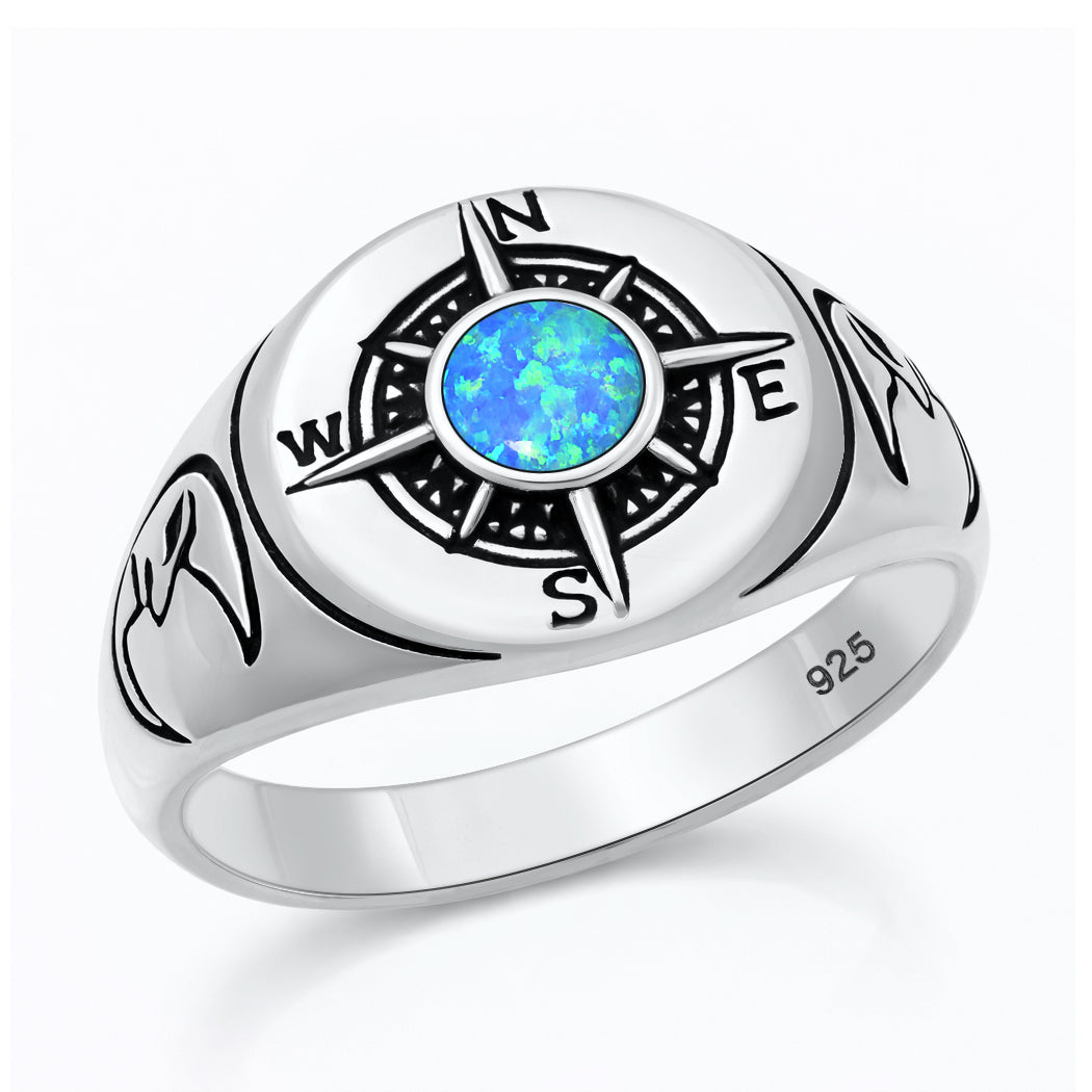 Sterling Silver Blue Synthetic Opal Compass Ring