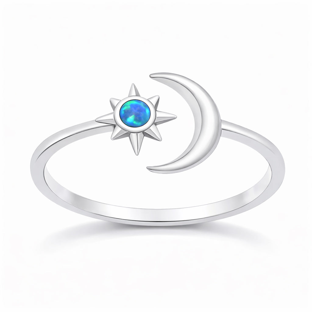Sterling Silver Adjustable Blue Synthetic Opal Moon Ring