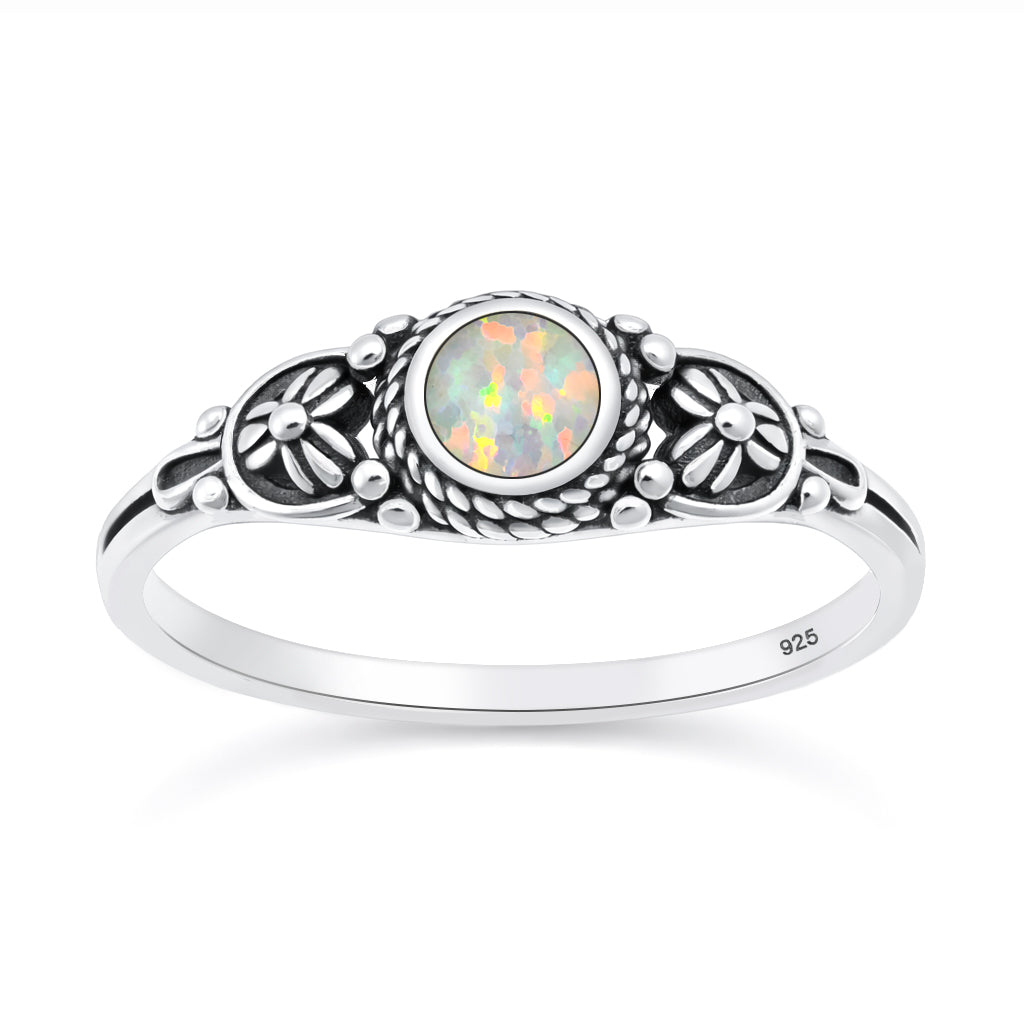 Sterling Silver White Synthetic Opal Floral Flower Ring