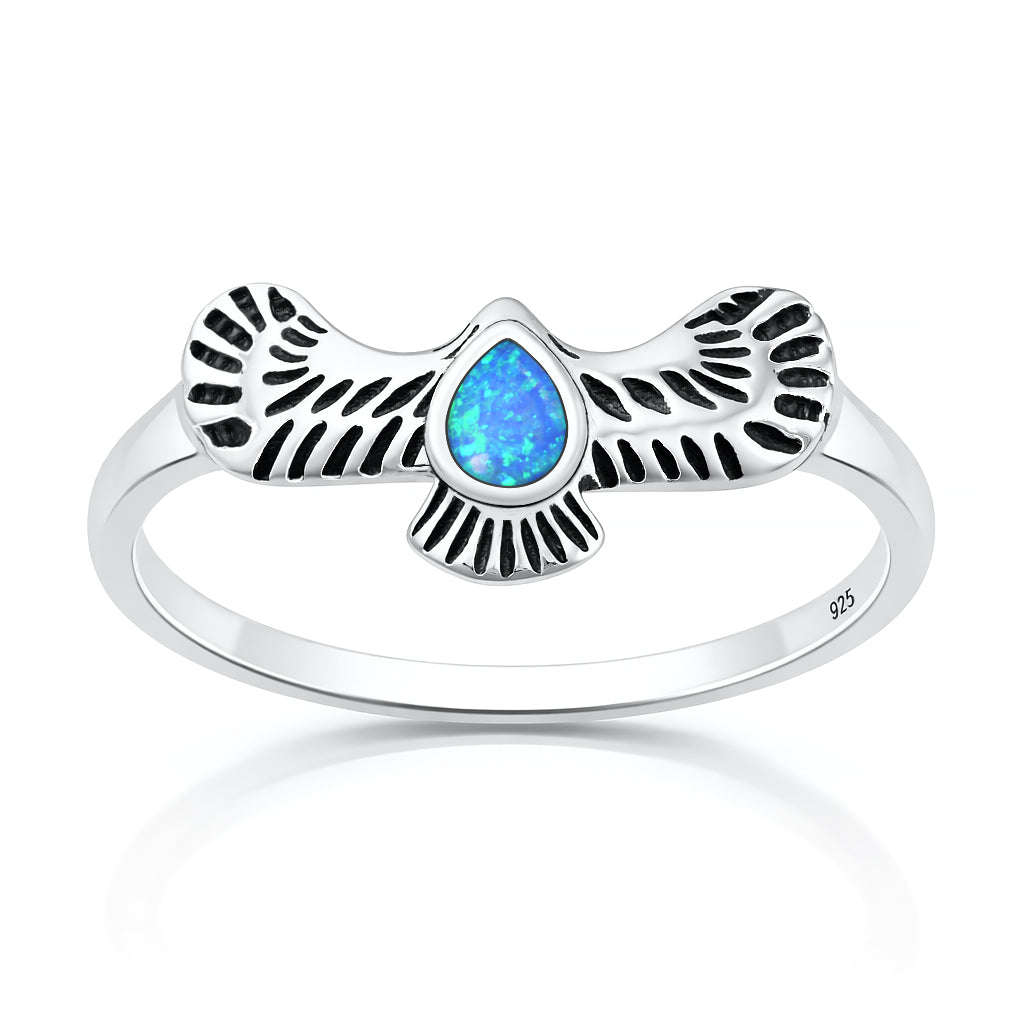 Sterling Silver Blue Synthetic Opal Eagle Bird Ring