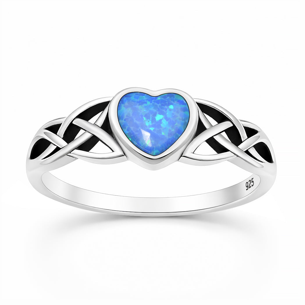 Sterling Silver Blue Synthetic Opal Celtic Heart Ring