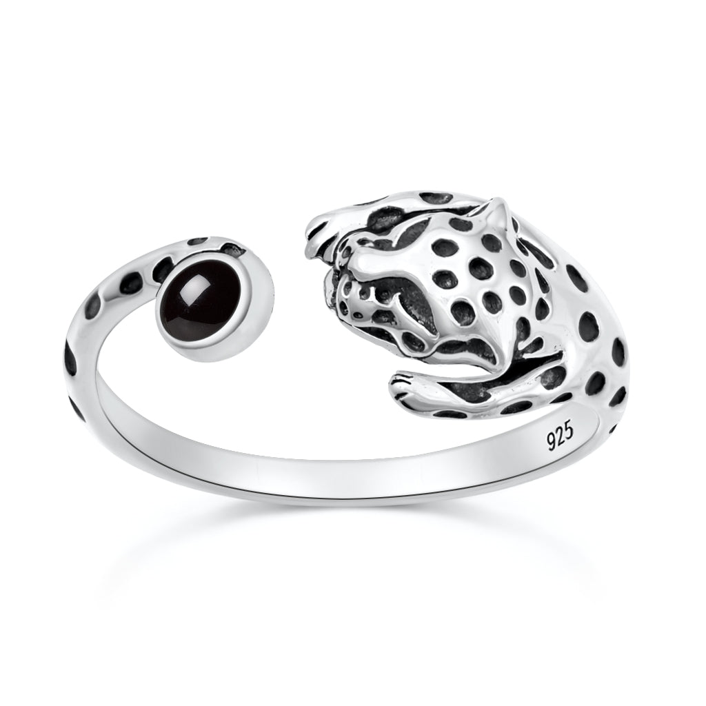 Sterling Silver Black Agate Cheetah Cat Ring